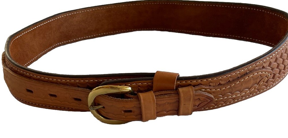 Bianchi B14 Brown Leather Fancy Stitched Mens Belt with Brass Buckle Size 34