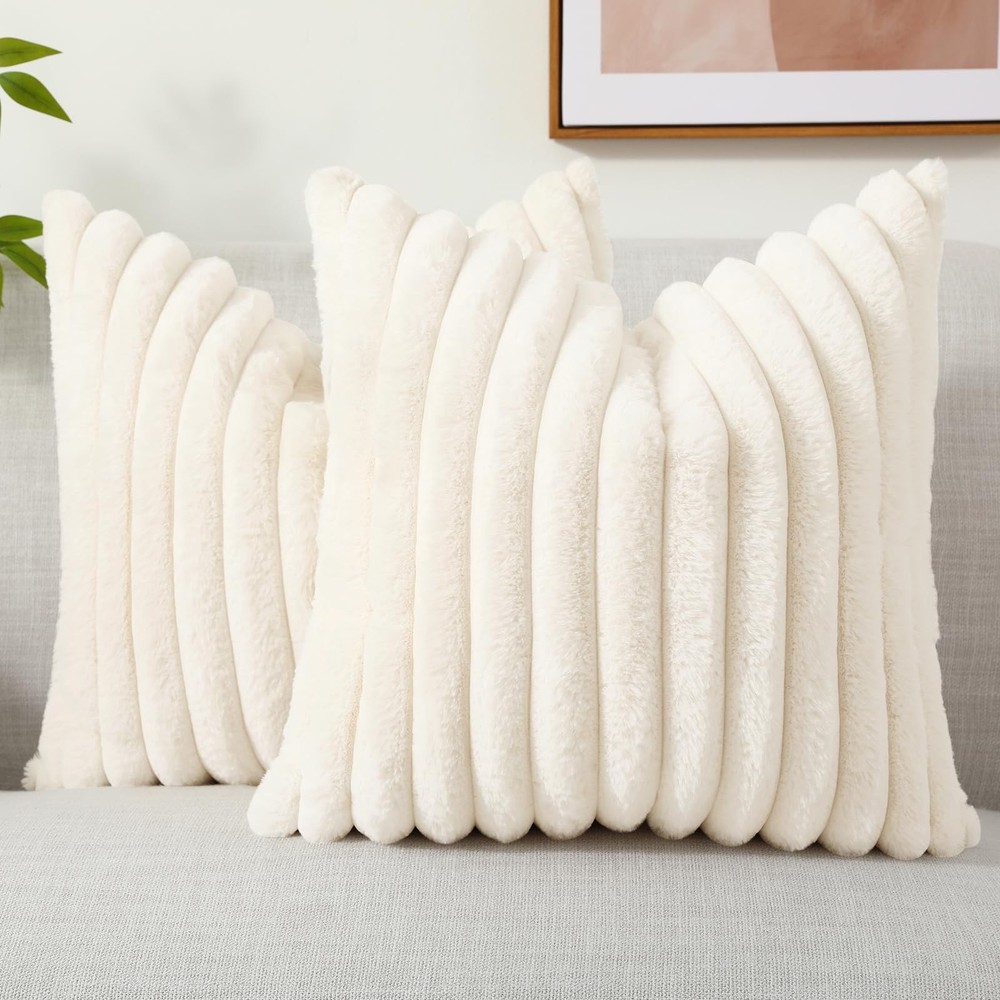 18x18 Faux Fur Plush Striped Pillow Covers Set of 2 - Soft Decorative Throw