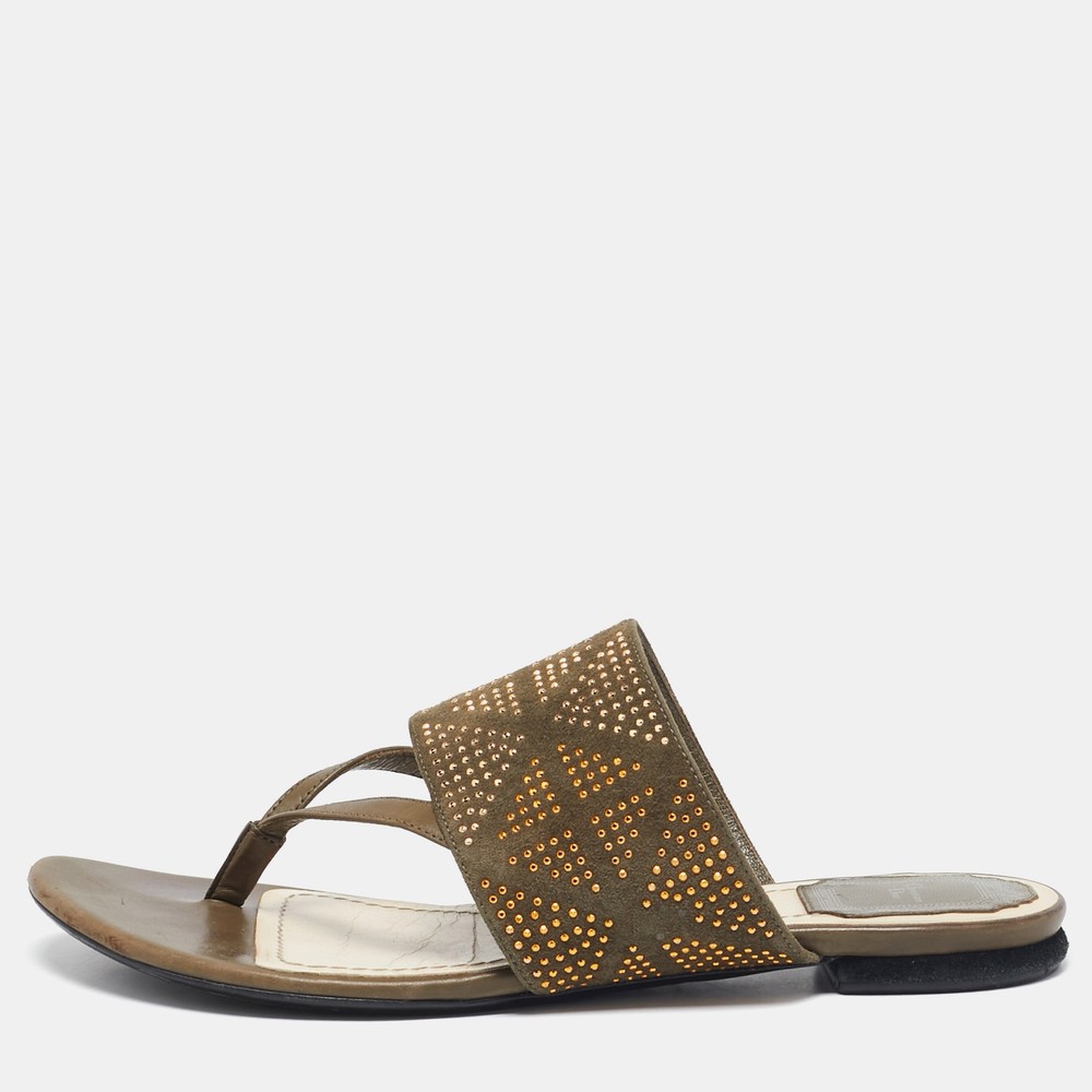 Dior Green Leather Suede Embellished Flat Sandals Size 39