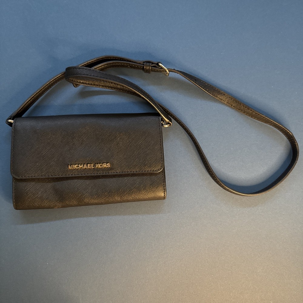 Michael Kors Black Crossbody Purse MK Logo Bag Leather Shoulder Handbag