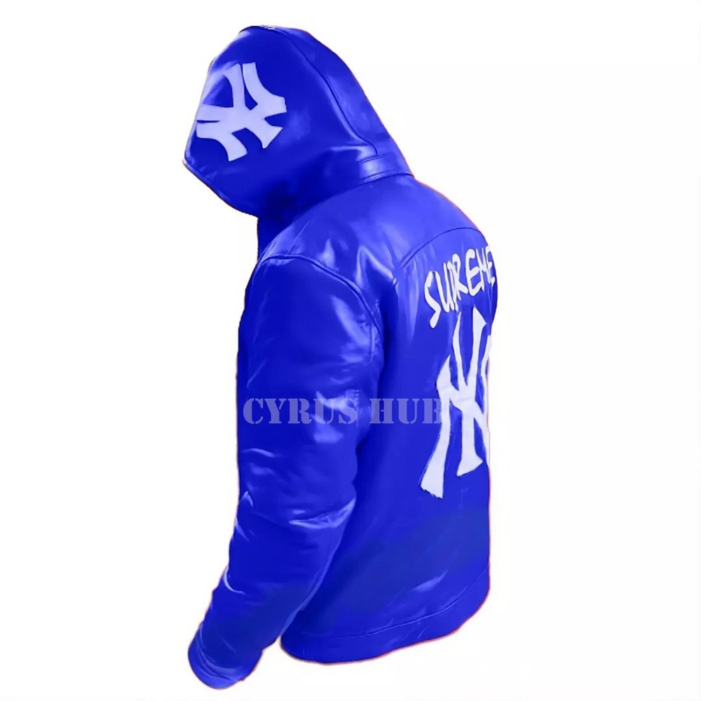 NY Yankees Varsity Jacket - Blue Leather Letterman Style with Removable Hood