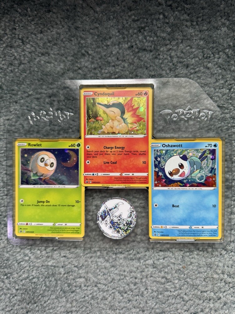 Pokemon Rowlet Cyndaquil Oshawott SWSH220/221/222 Cards + Arceus Coin Promo