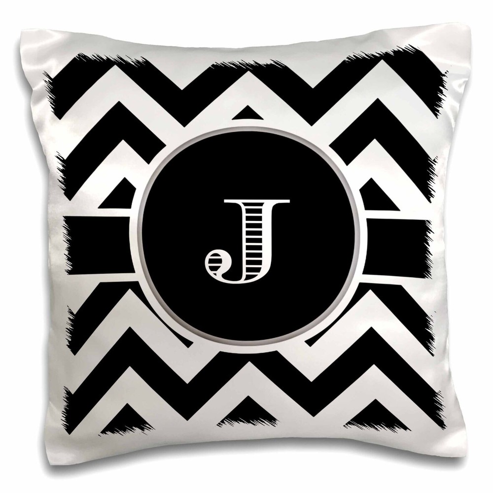 3dRose Black and white chevron monogram initial J 16x16 inch Pillow Case