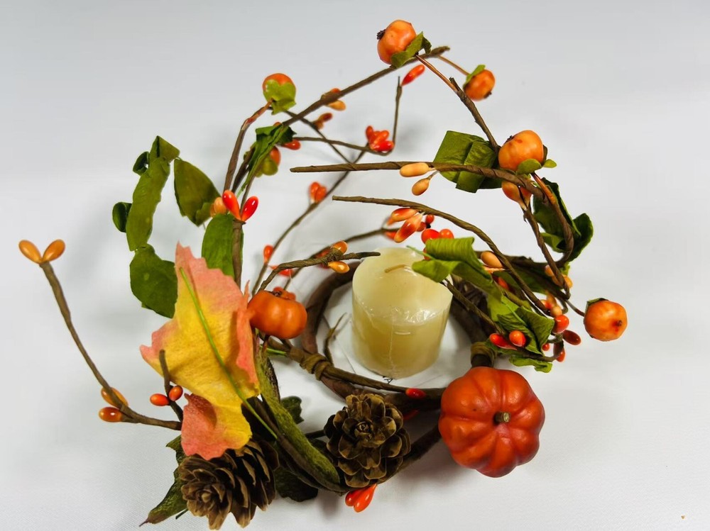 Fall Candle Ring Mini Wreath with Pumpkins Leaves Berries for 2.5 Inch Decor