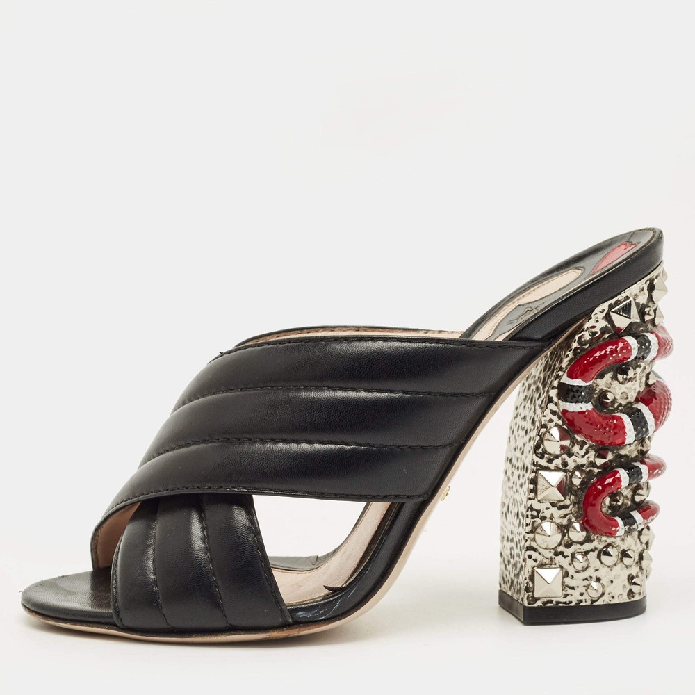Gucci Webby Size 39 Black Leather Snake Embellished Mules