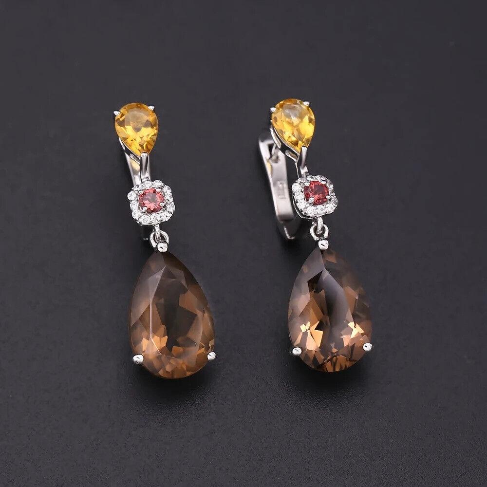Natural Smoky Quartz Citrine Garnet Sterling Silver Drop Earrings for Women