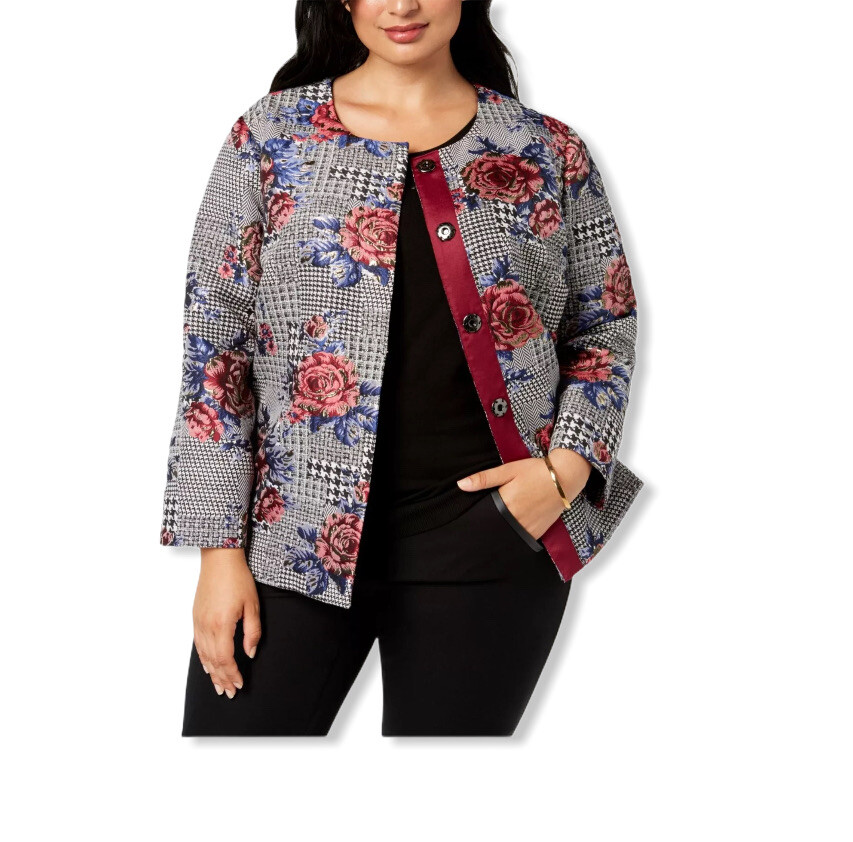 Alfani Women Jacket PS Petite Small Deep Black Hounds tooth Floral
