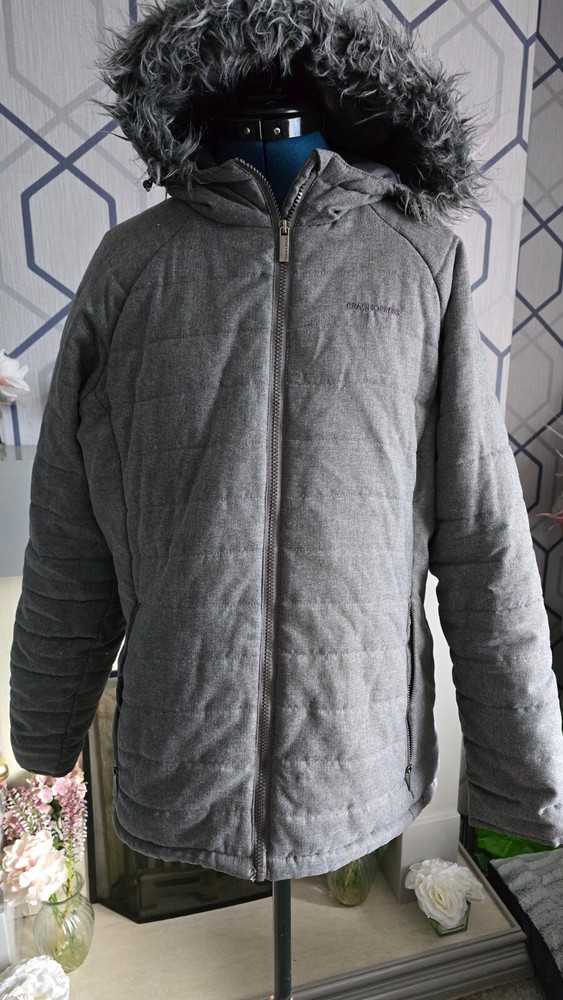 CRAGHOPPERS GREY QUILTED FUR TRIM HOODED COAT UK 14