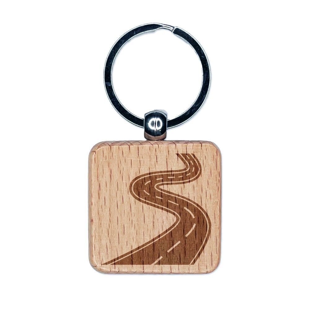 Winding Road Engraved Wood Square Keychain Tag Charm