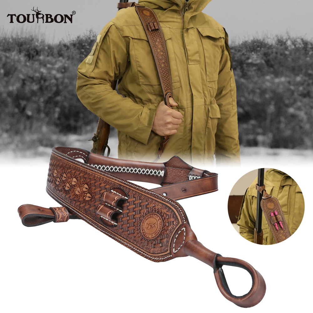 TOURBON Leather Gun Sling for Barrel No Drill Mount .243 Ammo Carrying Holder