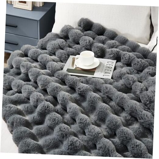 Queen Size Grey Faux Rabbit Fur Bedspread 80x90 Inches Thick Solid Bubble Texture