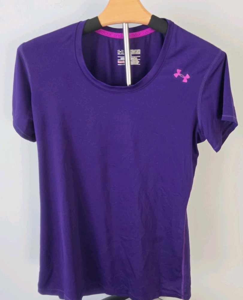 Under Armour HeatGear Womens Purple Athletic T Shirt Medium Fitted Short Sleeve