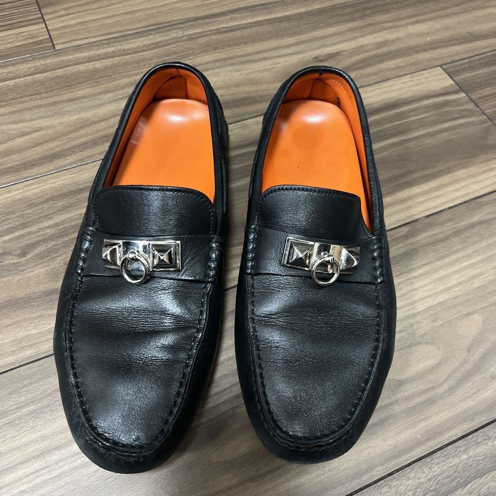 Hermes Men Black Leather Loafers Size 9US Buckle Detail Pre-Owned