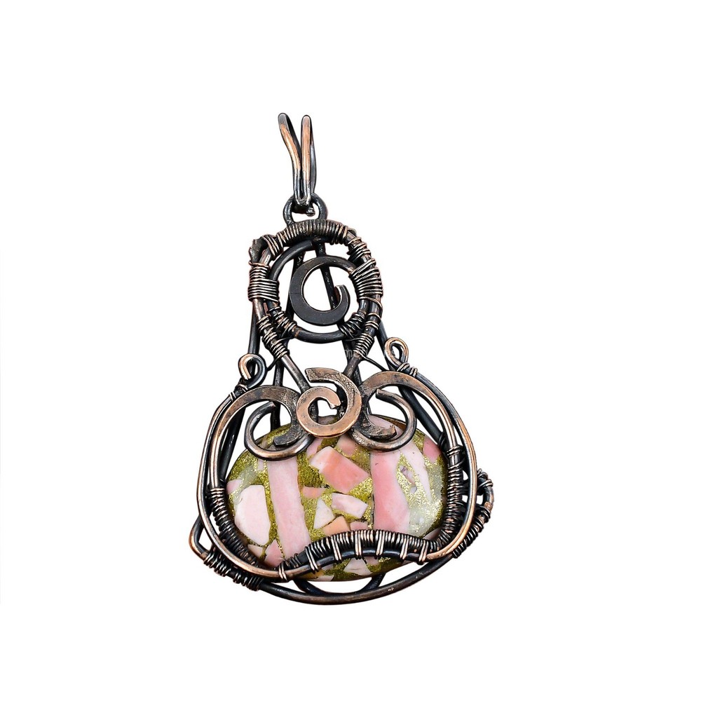 Mothers day Deal Copper Oval Copper Pink Opal Stone Wire Wrap Pendant Jewelry