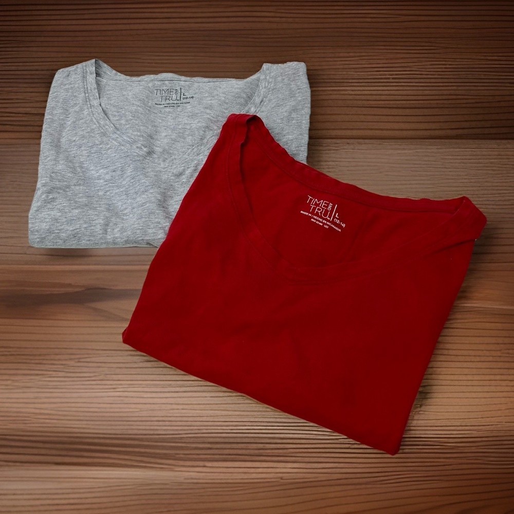 Lot Of 2 Time & Tru Womans L Large Gray Red V Neck Short Sleeve T Shirt Bundle