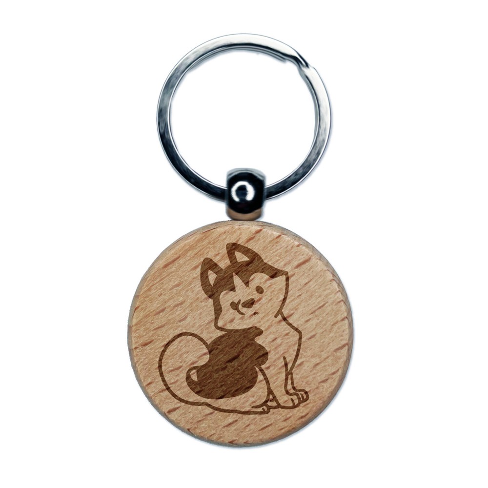 Siberian Husky Sitting Dog Engraved Wood Round Keychain Tag Charm