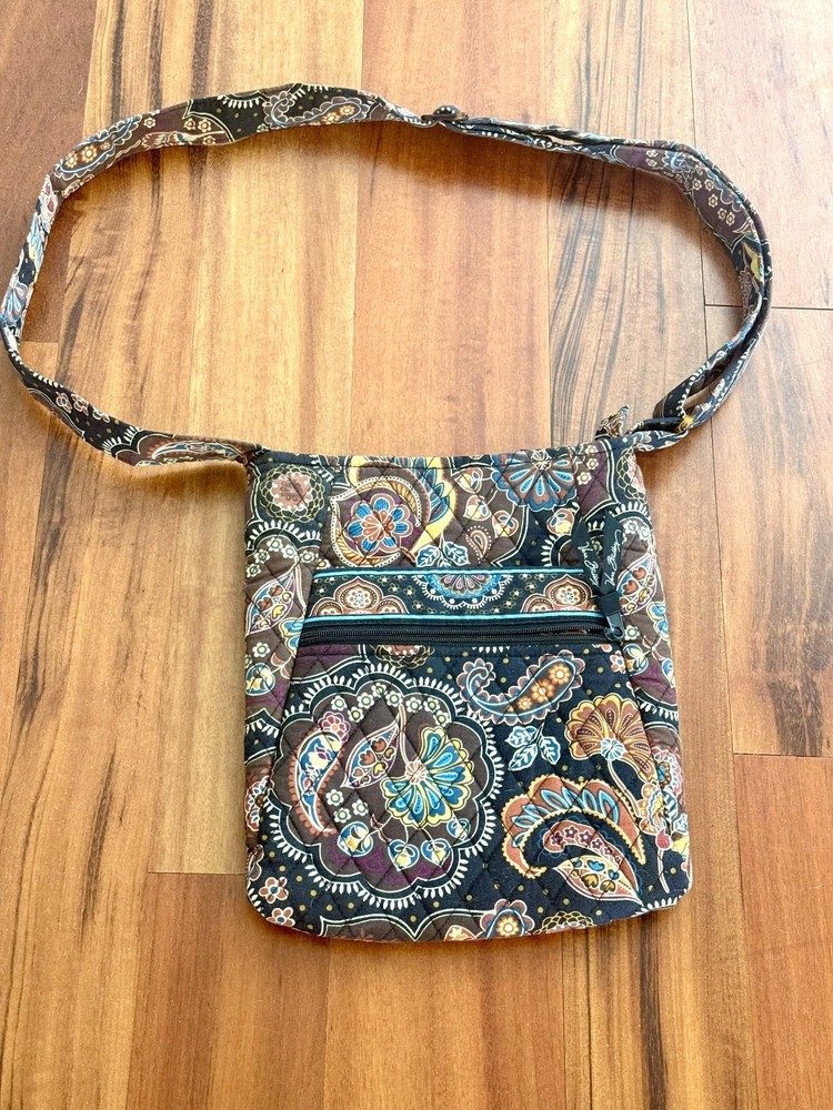 Vera Bradley Quilted Crossbody Bag Paisley Floral Brown Blue Zipper Pocket