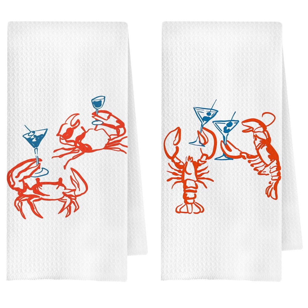 Coastal Crab Lobster Cocktail Kitchen Towels, Gifts for Martini Lovers Dish T...