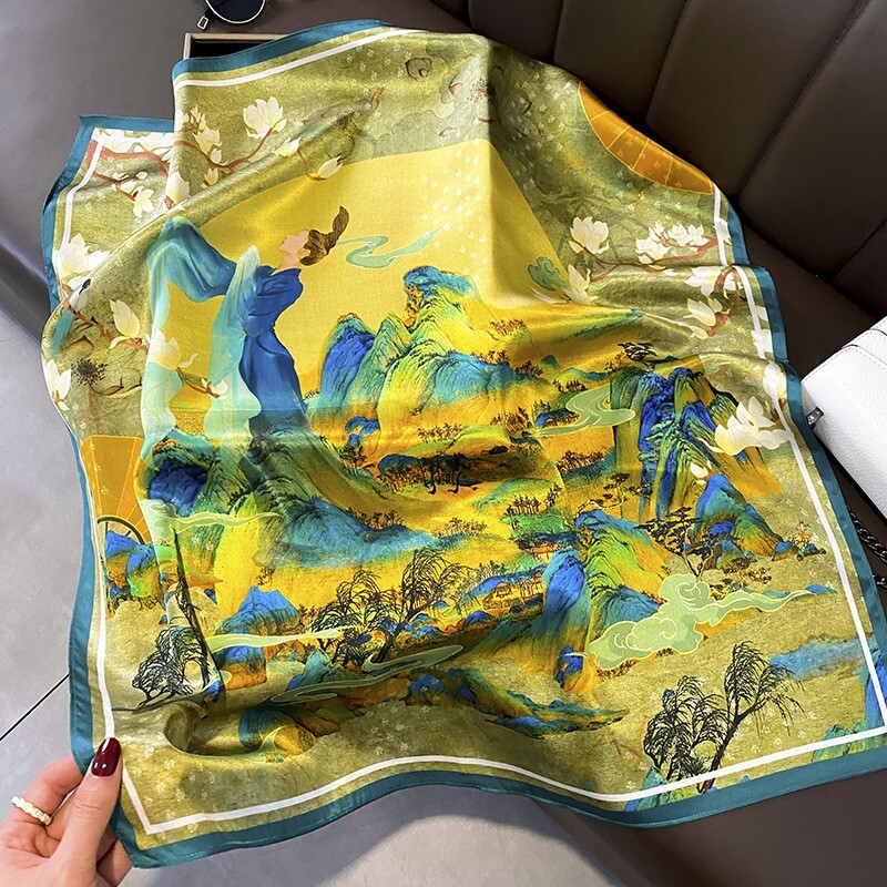 100% Silk Scarf Women Vintage Green Chinese Paiting Kerchief Headscarf Tied 68cm