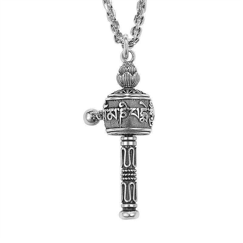 Vintage Tibet Tibetan Buddhist Amulet Prayer Wheel Rotatable Pendant Necklace