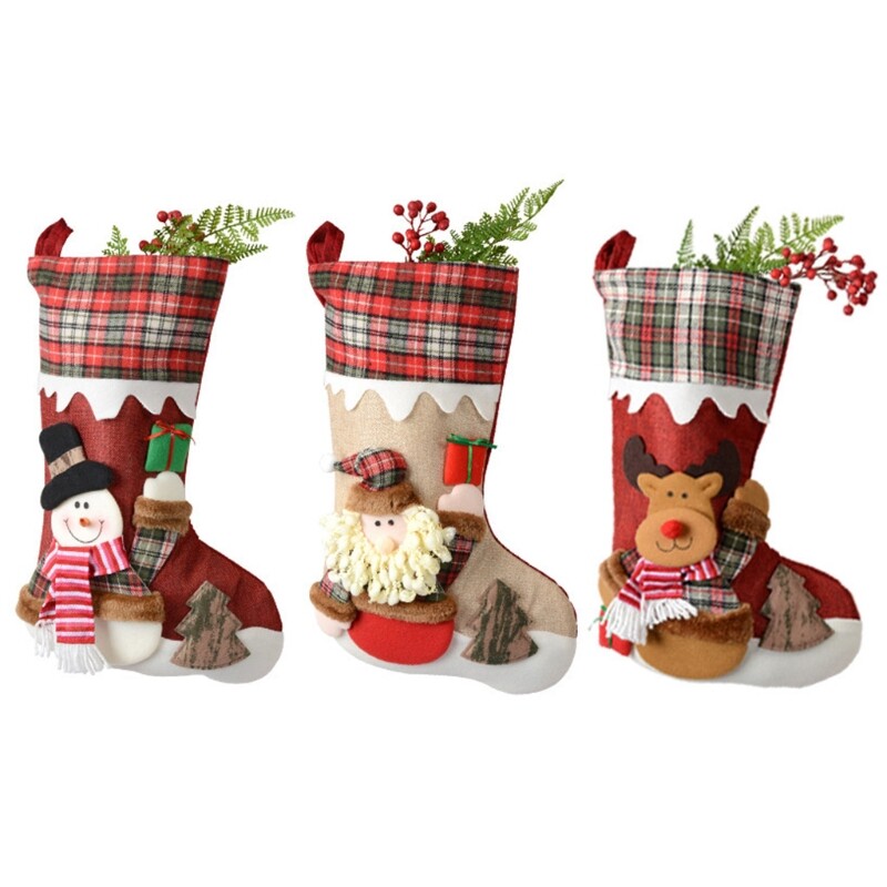 Large Christmas Stocking with Santa Snowman Reindeer Design for Candy Decor