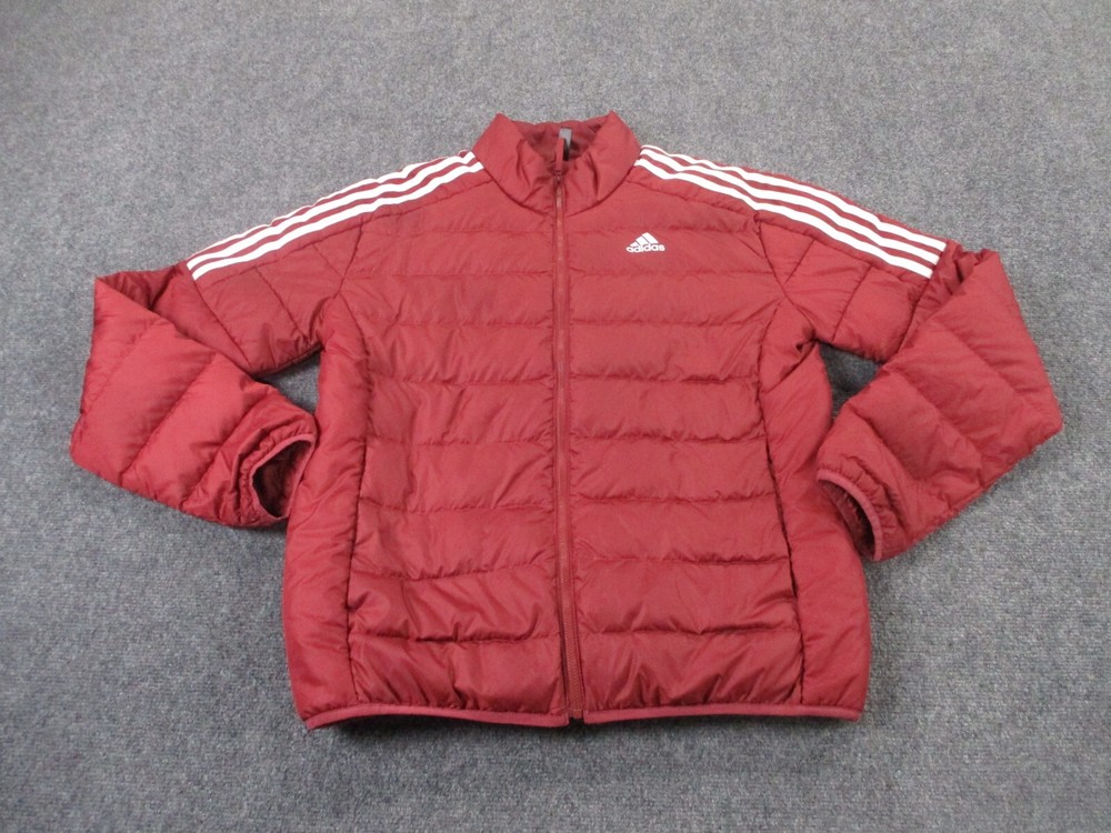 Adidas Men's Red Striped Puffer Jacket with Logo for Outdoor Track Athletics