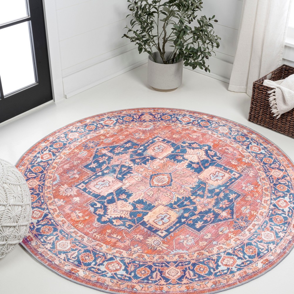 Jonathan Y 6x6 Washable Indoor Border Rug in Terracotta Navy  