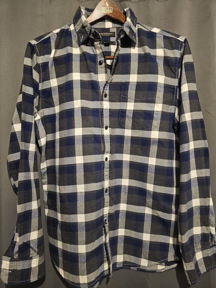 Banana Republic Luxe Flannel Slim Fit Shirt Button Up  Blue/ Gray Plaid Mens M