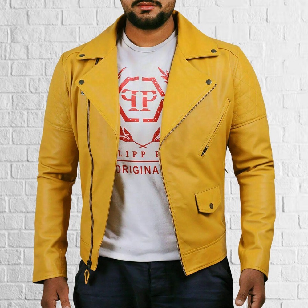 Men's Slim Fit Yellow Biker Leather Jacket Genuine Motorcycle Coat
