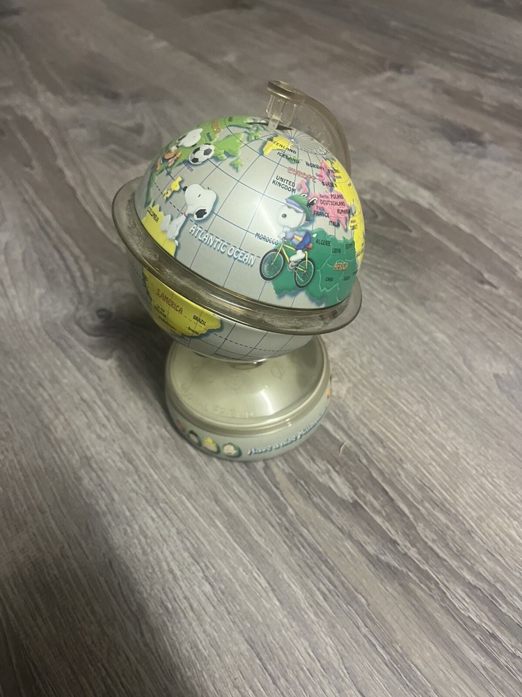 Mini Globe Coin Bank Metal W Plastic Stand Spins 2000 Snoopy