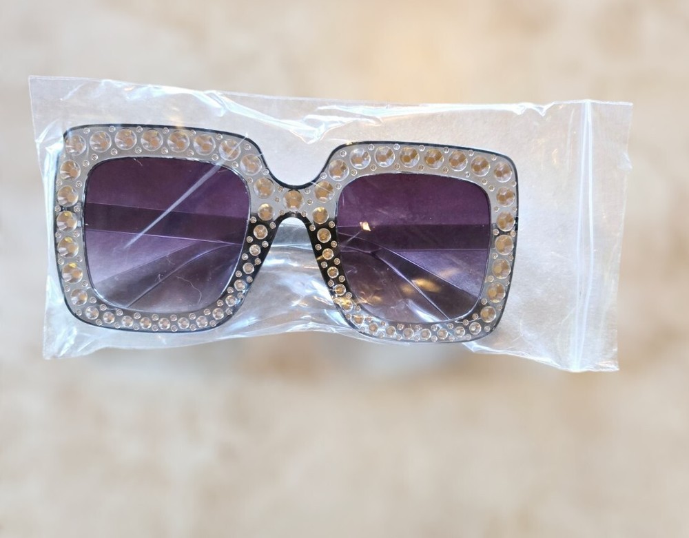 Sparkling Clear Crystal Sunglasses for Women with Purple Square Frames