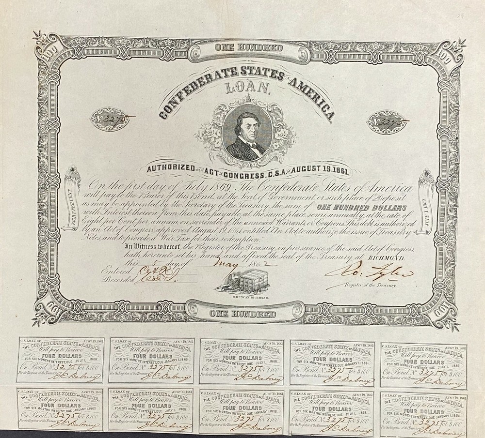 $100 Confederate States Coupon Bond - Criswell 29, Ball 54 - Rare Civil War Era Collectible-image