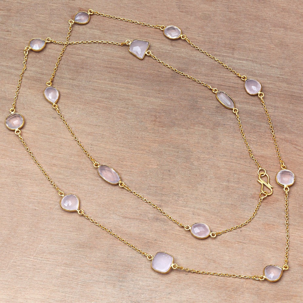 Pink Rose Quartz Faceted Gemstone Necklace Handmade 36 Inch