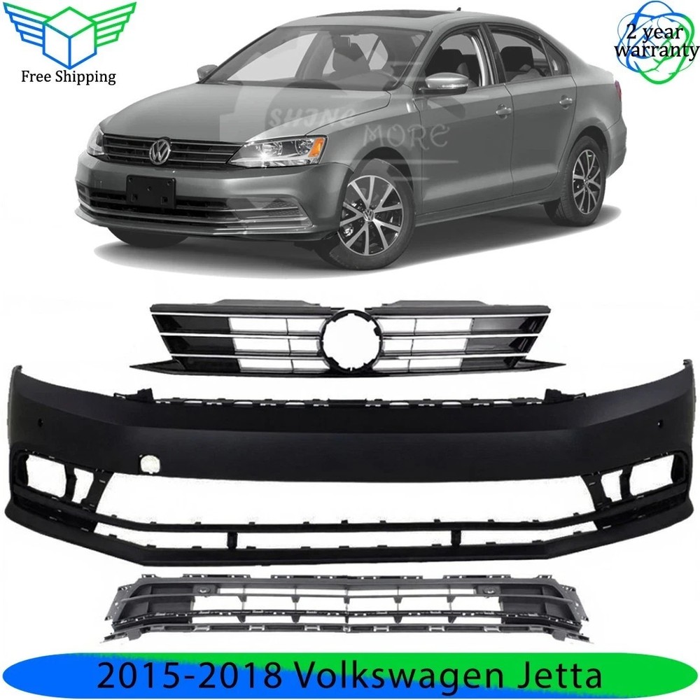 Front Bumper Cover Fascia & Grille Assembly Kit For 2015-2018 Volkswagen Jetta