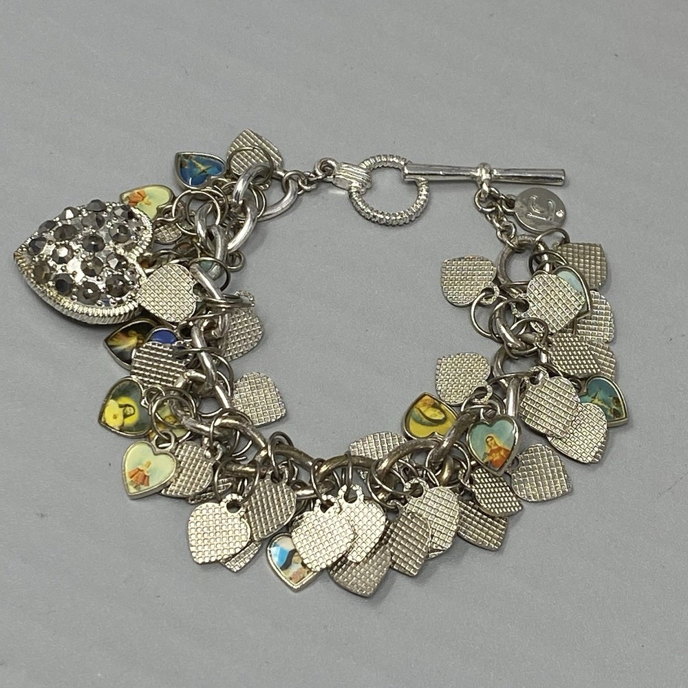 Liz Claiborne Rhinestone Heart Charm Bracelet with Jesus Photos Religious 6.5 Inches  