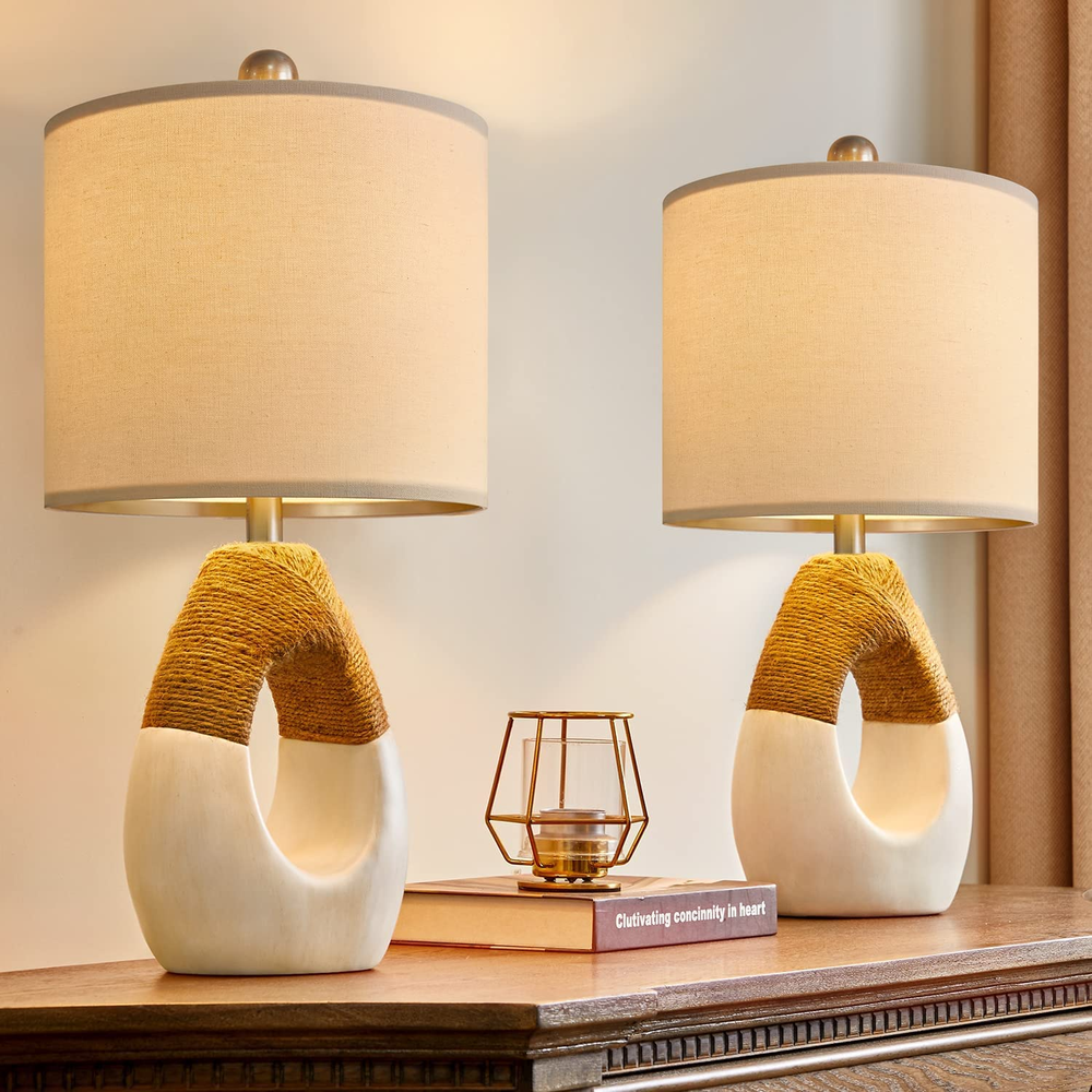 Boho Table Lamps Bedroom Living Room Set 2 Small Farmhouse Rattan Table Lamp 19”