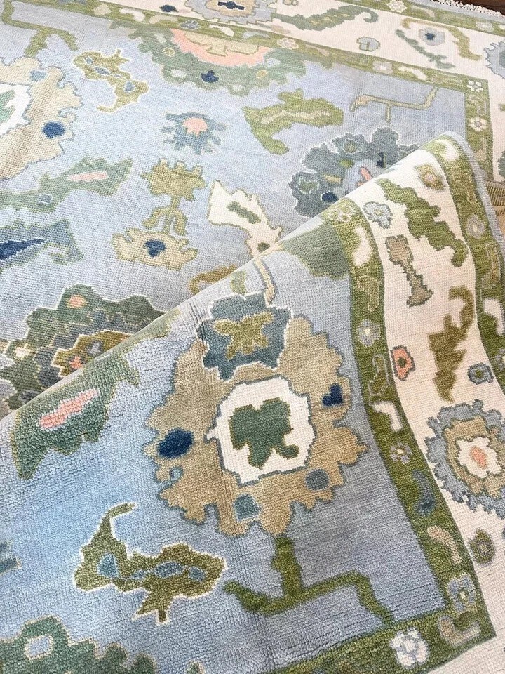Green Blue Hand Knotted Oushak Rug Turkish Wool Area Carpet For Living Room 9x12