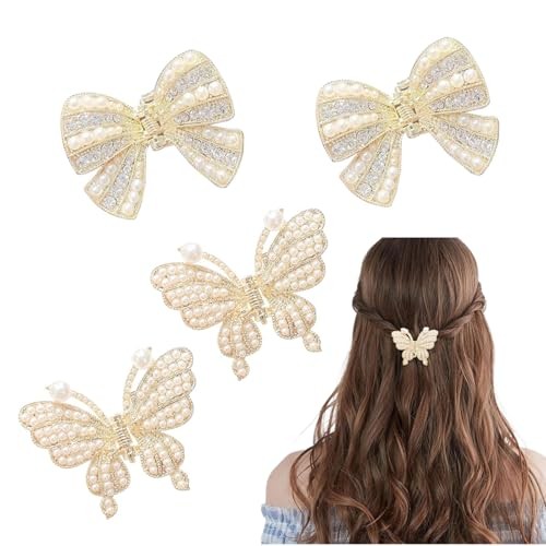 4 PCS Butterfly Hair Clips Exquisite Pearl Claw Clips Butterfly Rhinestones
