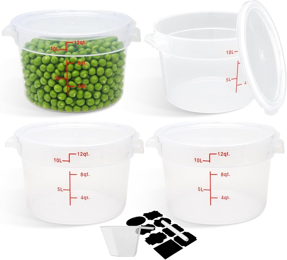 4 Pack Round Food Storage Containers W/ Lids 12Qt Translucent Commercial Food