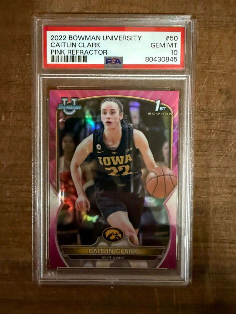 CAITLIN CLARK 1st 2022 Bowman University U Chrome PINK REFRACTOR #50 PSA 10 GEM