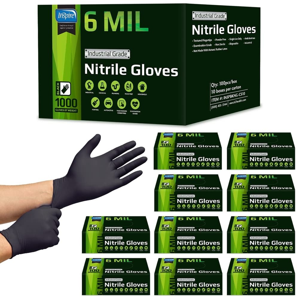 Inspire HEAVY DUTY 6Mil ORIGINAL Quality Stretch Nitrile Black Gloves Disposa...