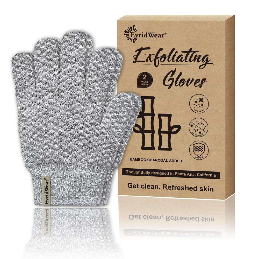EvridWear Bamboo Charcoal  Exfoliating Bath Gloves Dual Texture for Shower, Gray