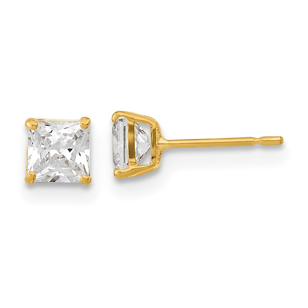 14k Yellow Gold 4mm Square Cubic Zirconia Basket Set Stud Earrings 0.36gm