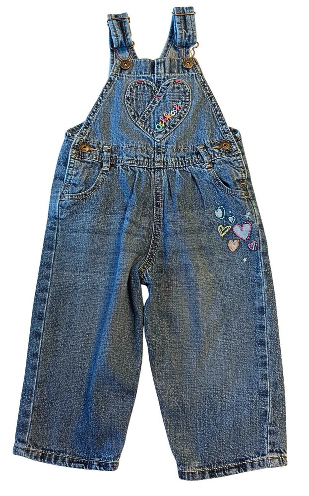 OshKosh B'gosh Girls Denim Vestback Overalls 18 Months Heart Pockets 100% Cotton