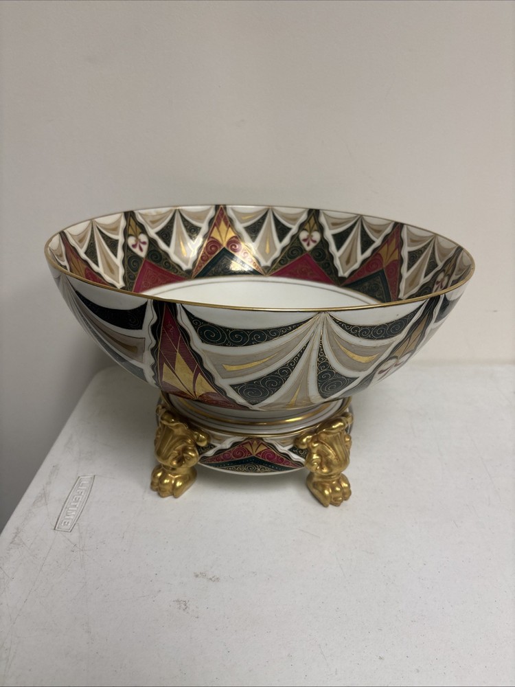 Art Deco Hand Painted Vienna Porcelain Pedestal Bowl 15 Inch Geometric Design