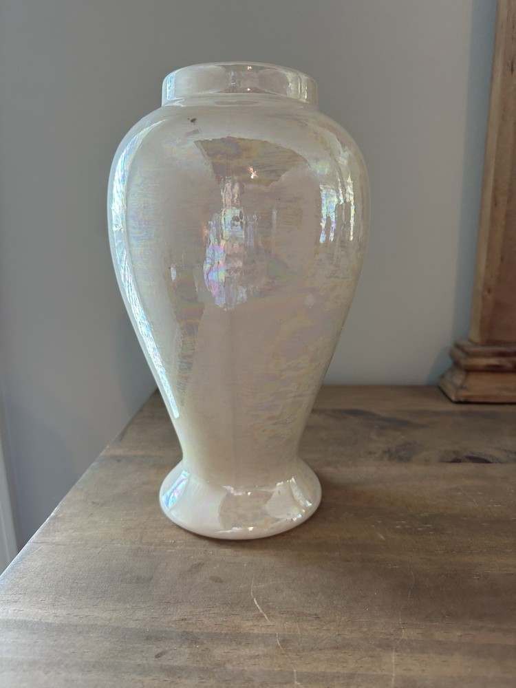 VTG Lusterware Opalescent Iridescent Pearl White Ceramic Vase 9 1/2 inches