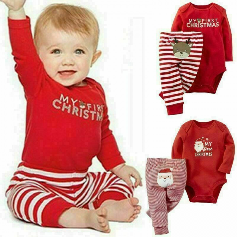 New My First Christmas Baby Boy Girl Romper Bodysuit+ Pants Clothes Outfit 0-18M
