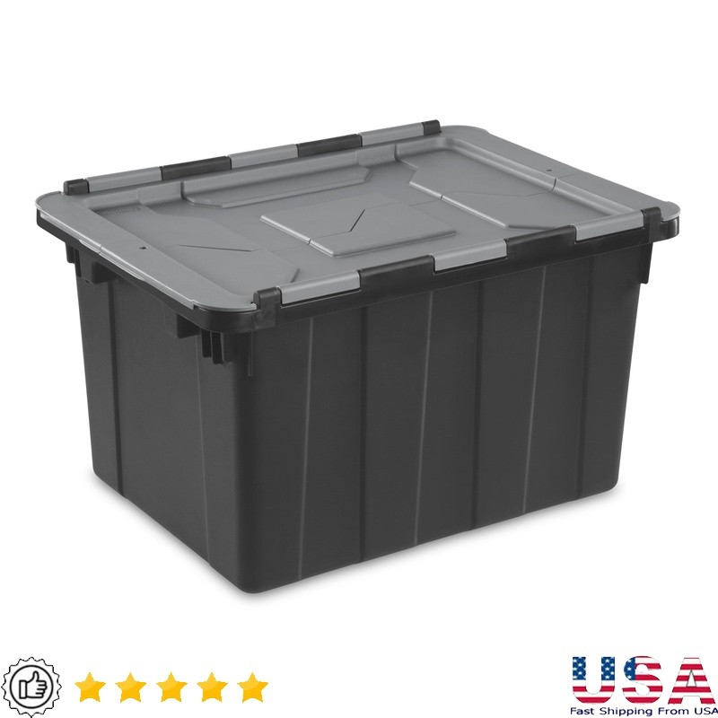 Heavy Duty 12 Gallon Industrial Tote Plastic Storage Box W/ Hinged Lid Stackable