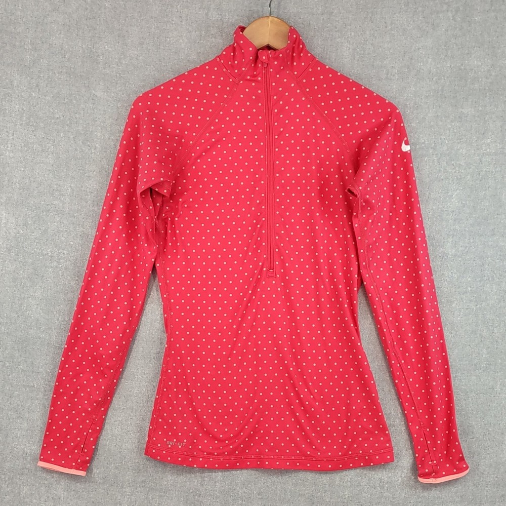 Nike Pro Dri Fit Sport Shirt Womens S Pink Dot Stretch 1/2 Zip Pullover Long Slv