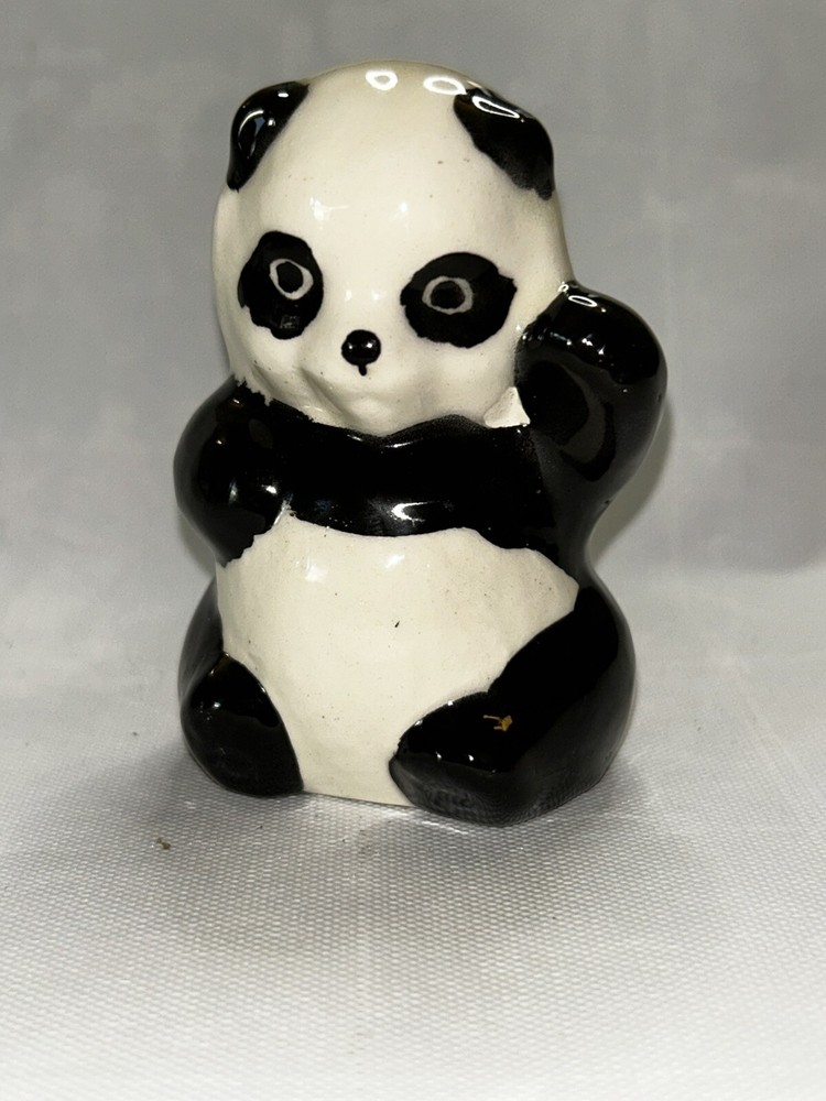Vintage Panda Bear Figurine Glazed Ceramic Black and White  Waving 3.5”